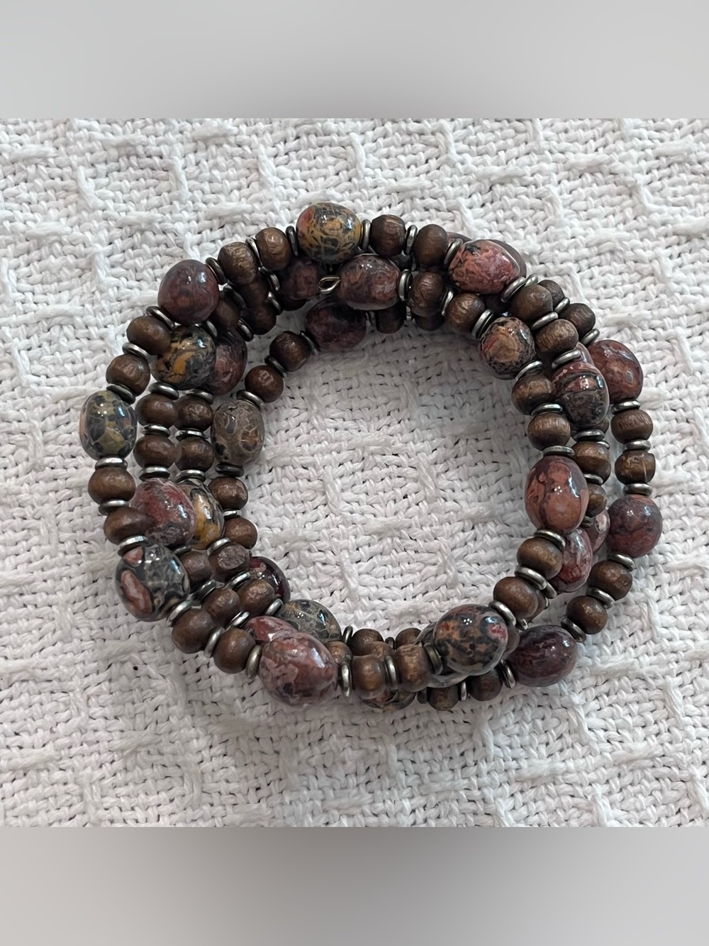 Handmade Stone & Wood Bead 5 Row Wrap Bracelet Earthy Boho